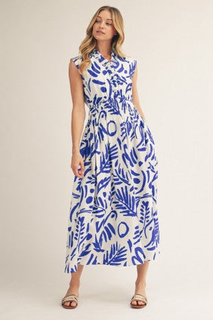 Ruffle Neckline Leaf Print Midi Dress w/ Pockets