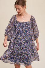 Flowy Square Neck Floral Print Chiffon Dress