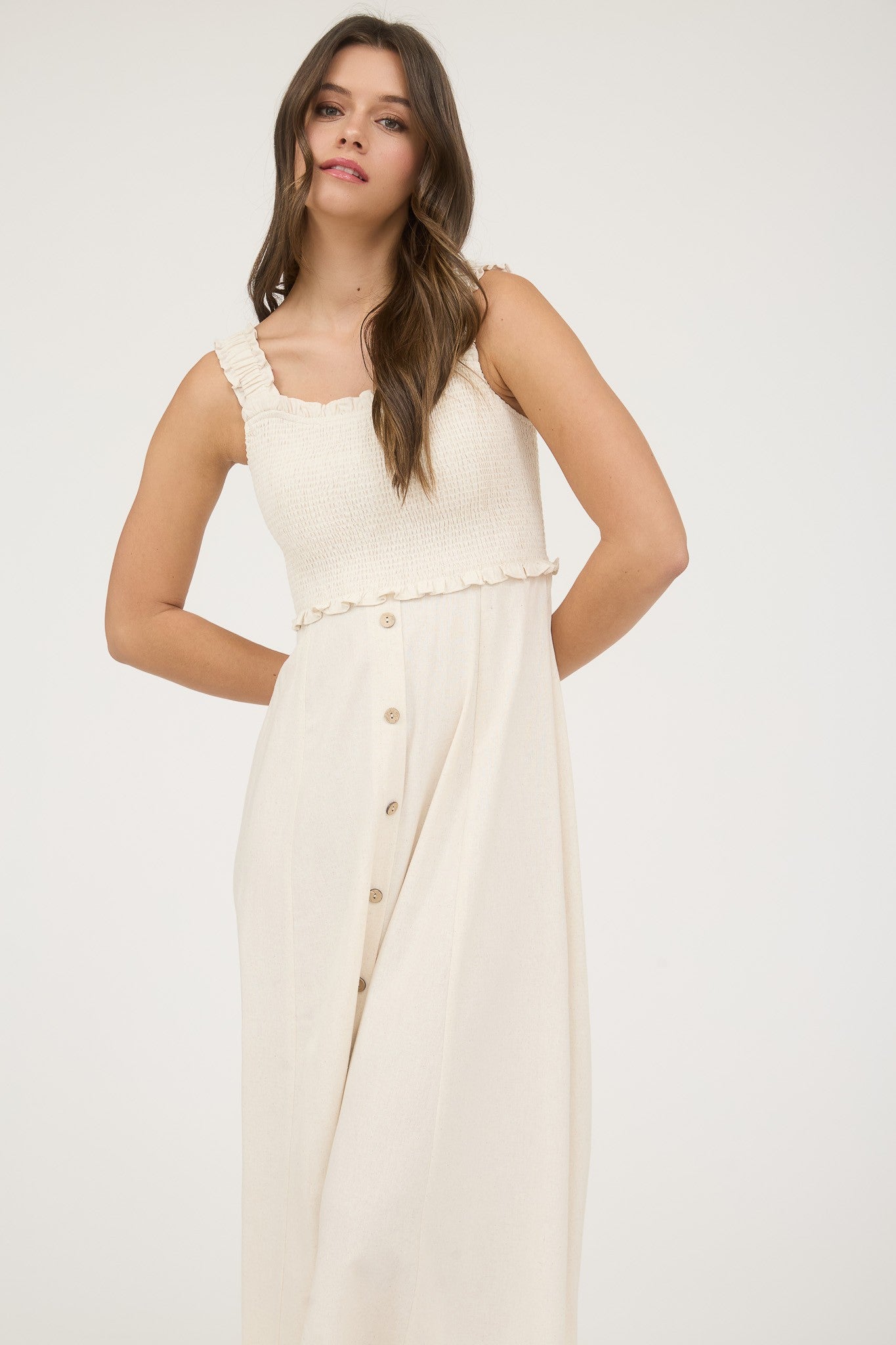 Smocked Sleeveless Button Down Linen Blend Midi Dress (Oatmeal)