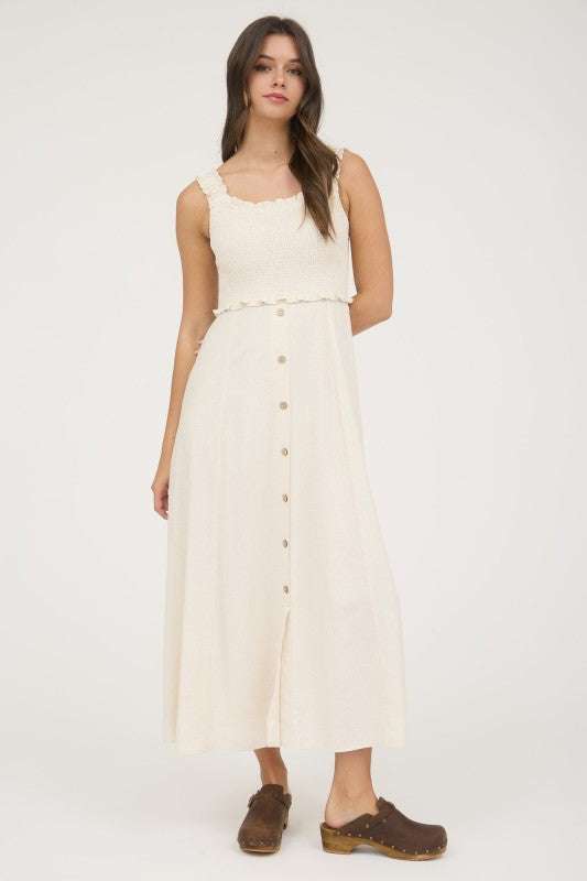 Smocked Sleeveless Button Down Linen Blend Midi Dress (Oatmeal)
