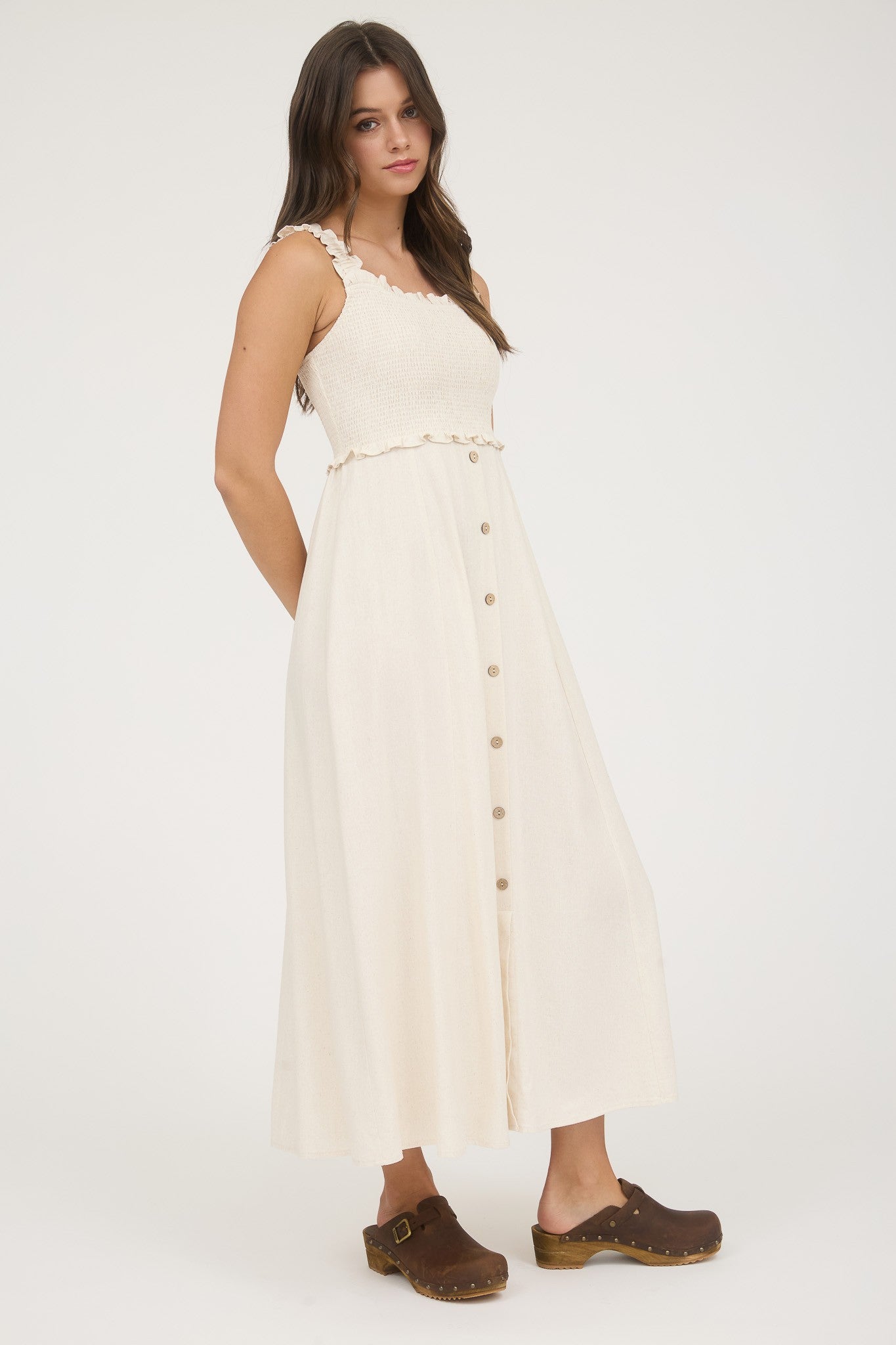 Smocked Sleeveless Button Down Linen Blend Midi Dress (Oatmeal)
