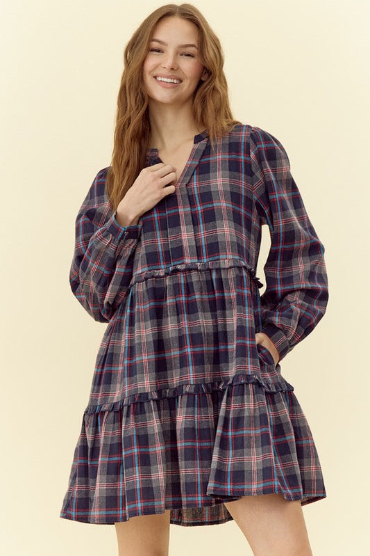 Checkered Tiered Dress w/ Pockets (Navy)