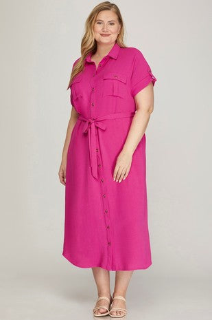 Drop Shoulder Button Down Midi Dress w/ Tie Belt (XL - 2X)
