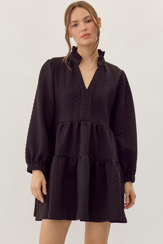 Frill Collar Textured Long Sleeve Dress (Black)