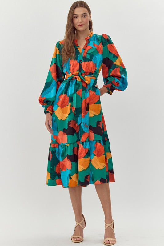 Abstract Print Bishop Sleeve Midi Dress (Green Mix)