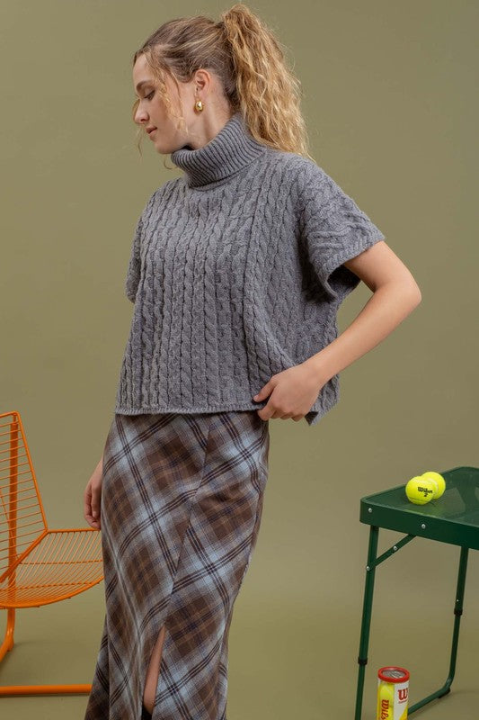 Cable Knit Short Sleeve Turtleneck Sweater