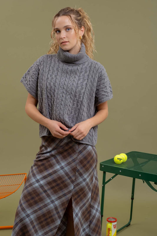 Cable Knit Short Sleeve Turtleneck Sweater