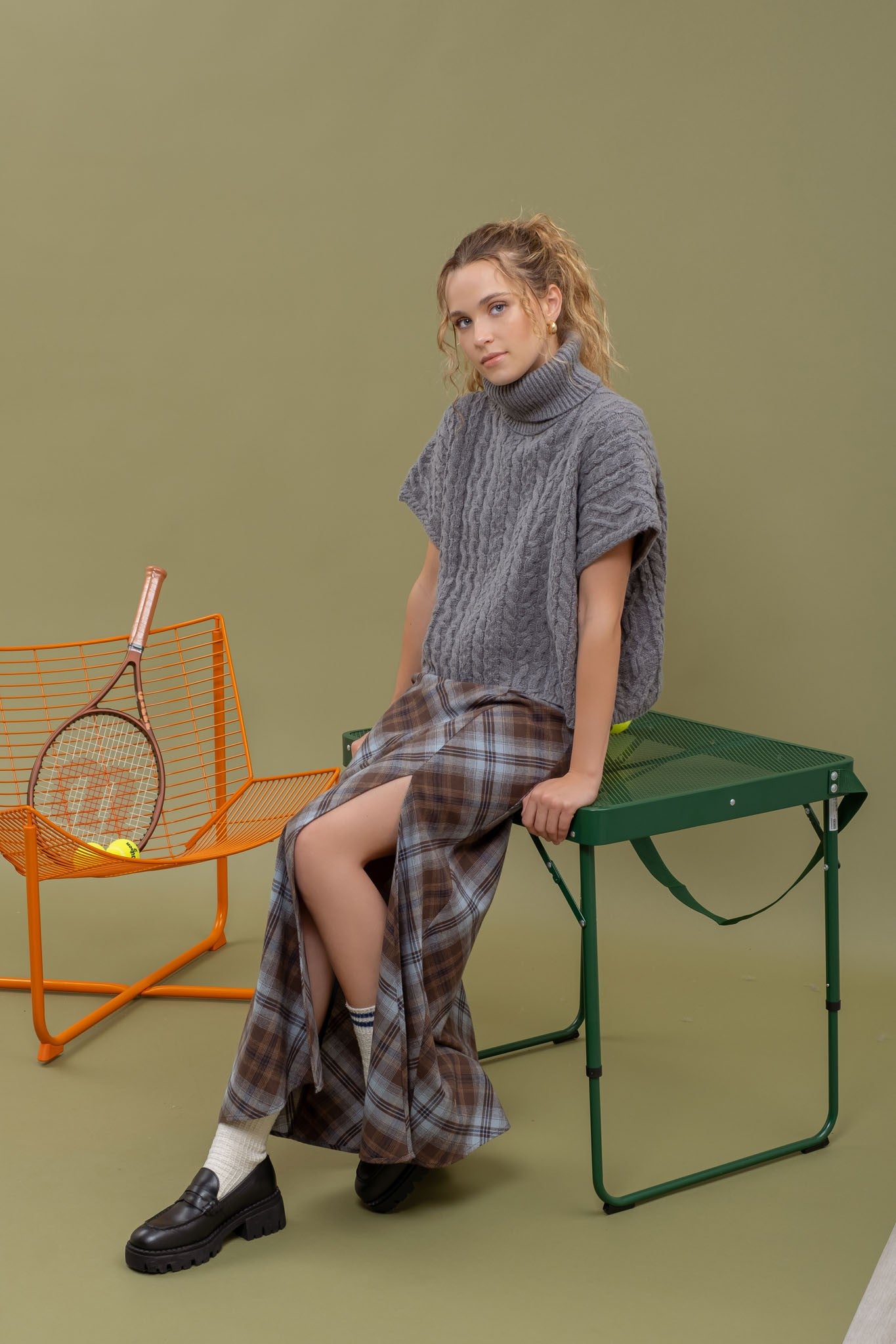 Cable Knit Short Sleeve Turtleneck Sweater