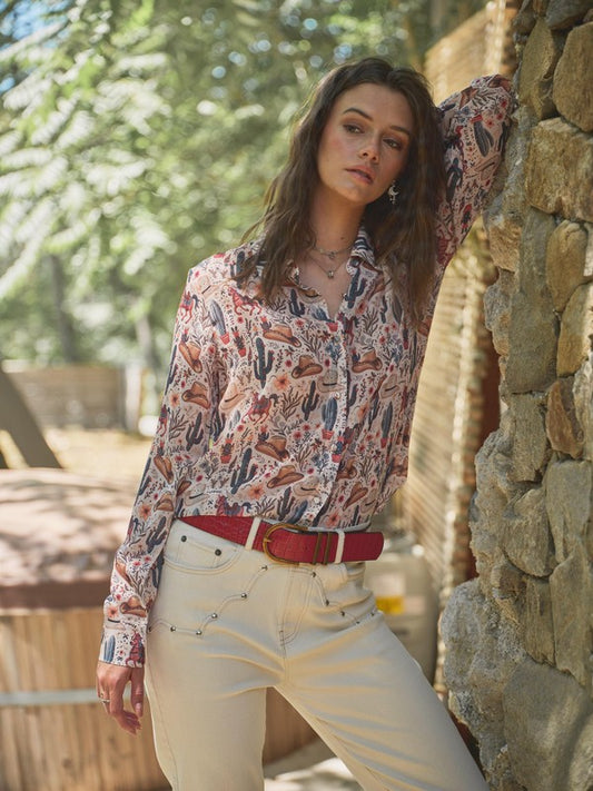 Chiffon Western Print Button Up Blouse