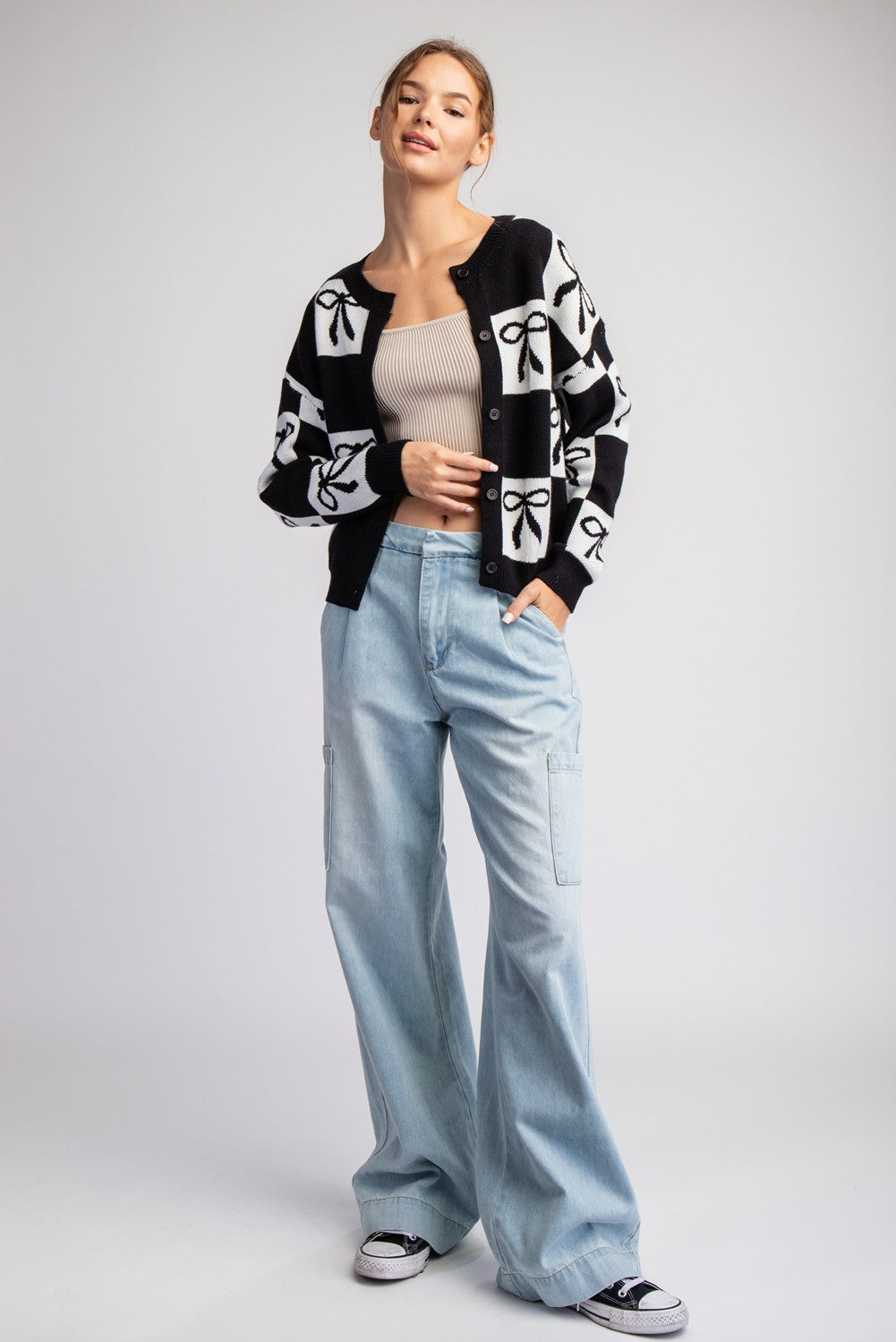 Bow & Checker Print Cardigan