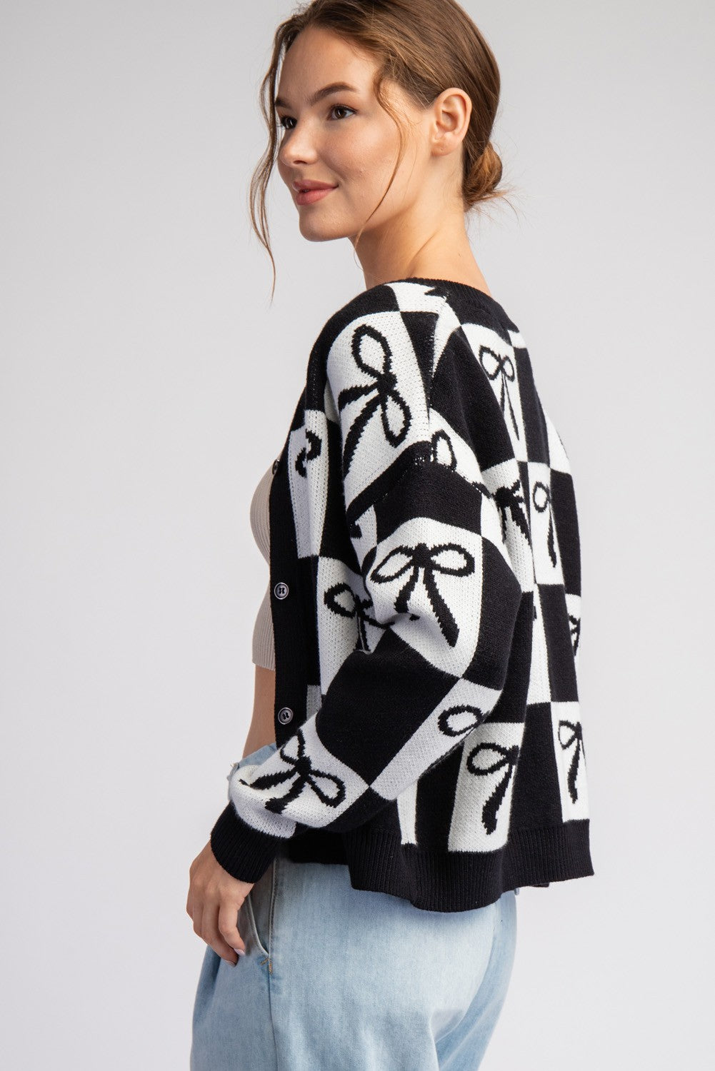 Bow & Checker Print Cardigan