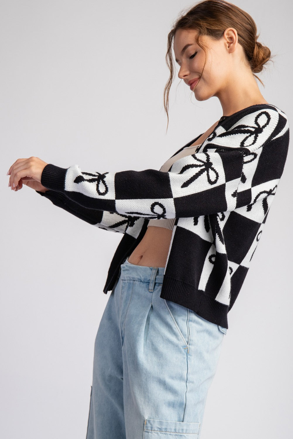 Bow & Checker Print Cardigan