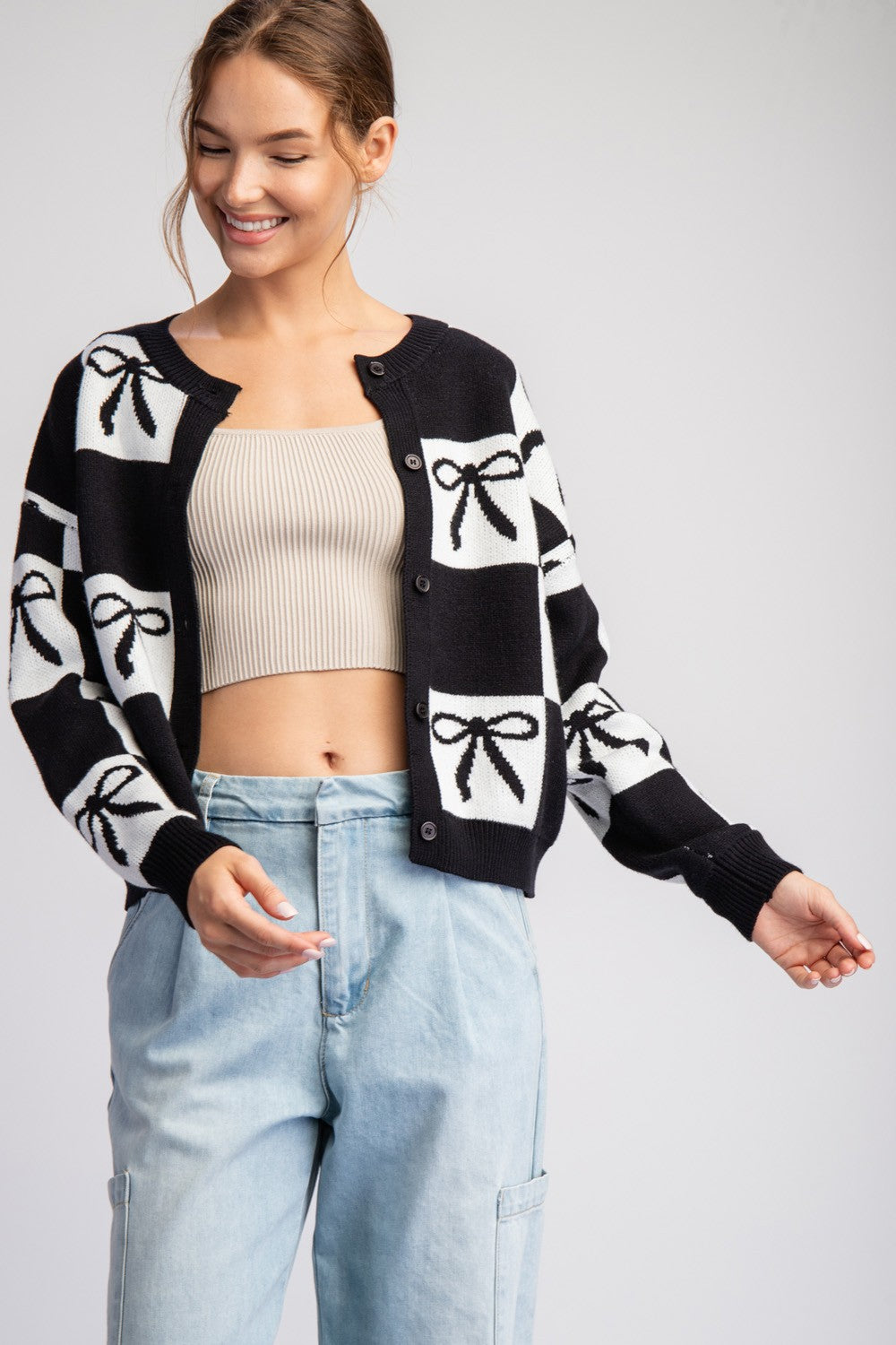 Bow & Checker Print Cardigan