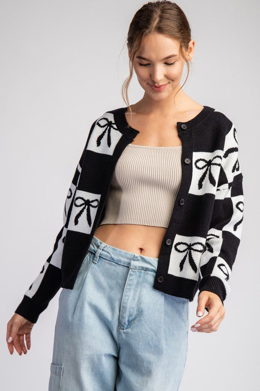 Bow & Checker Print Cardigan