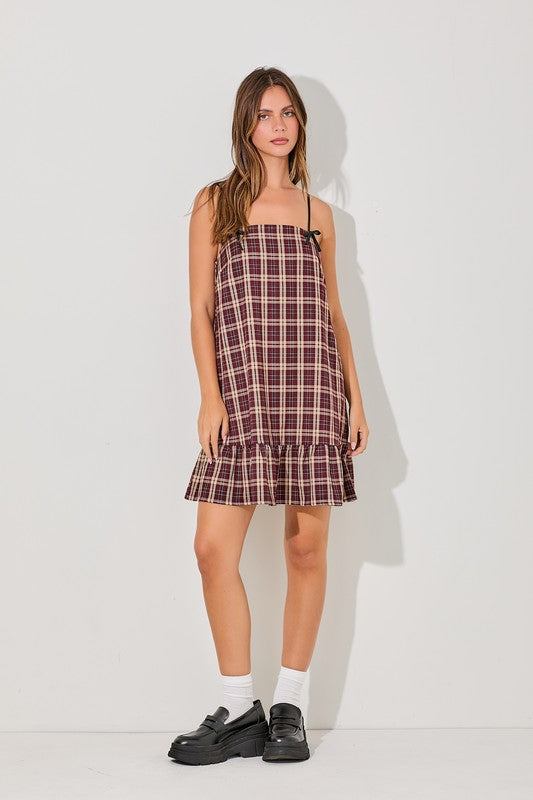 Bow Detail Spaghetti Strap Plaid Mini Dress Large