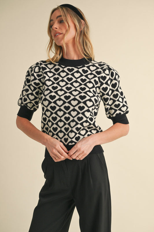 Checkered Heart Mock Neck Short Sleeve Sweater