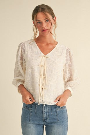 3/4 Sleeve Embroidered Overlay Top