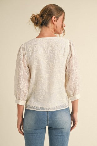 3/4 Sleeve Embroidered Overlay Top