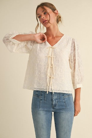3/4 Sleeve Embroidered Overlay Top