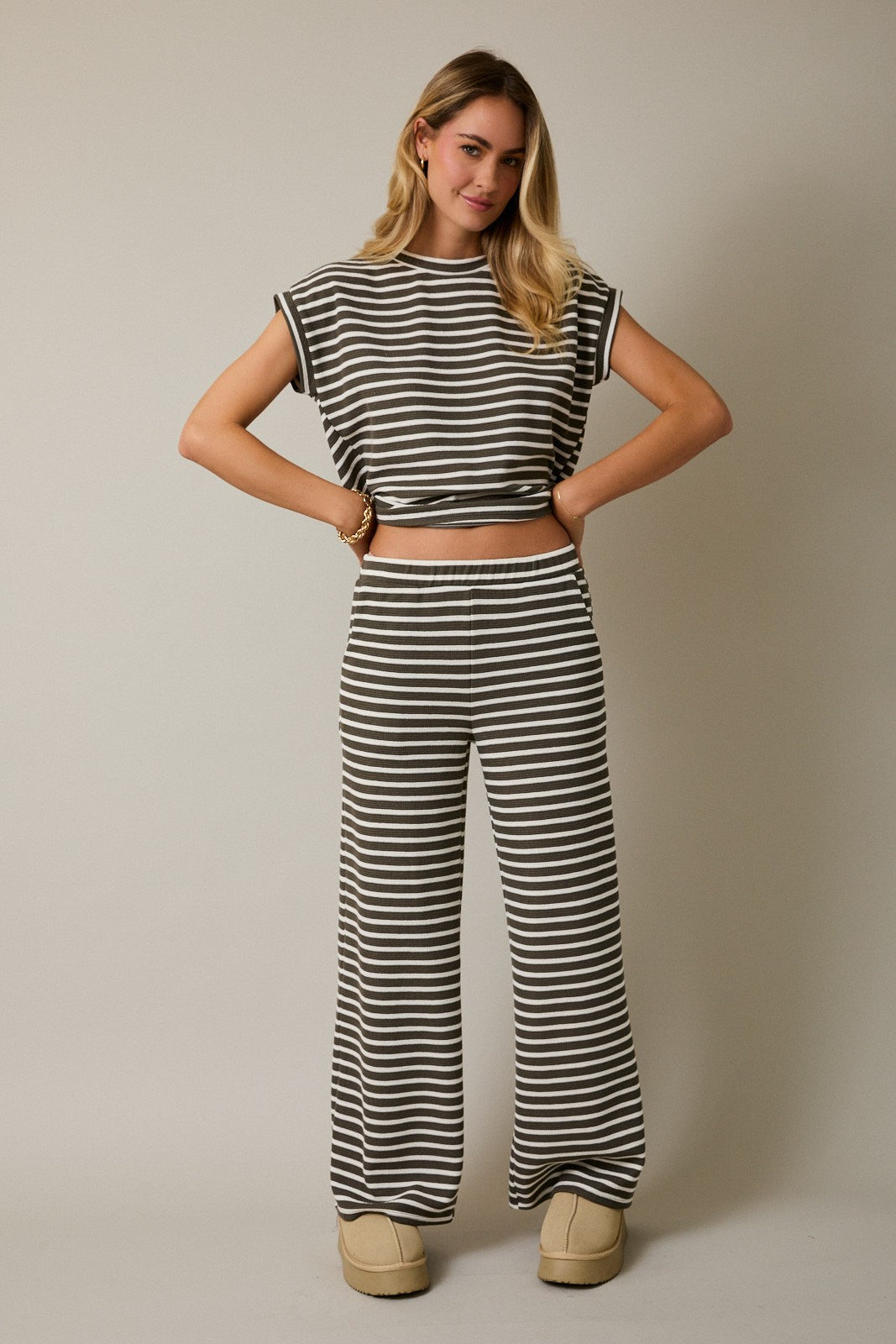 Striped Elastic Waist Textured Pants