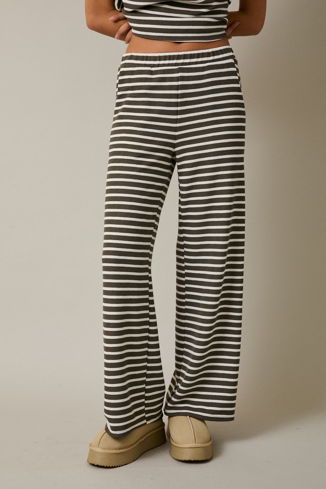 Striped Elastic Waist Textured Pants