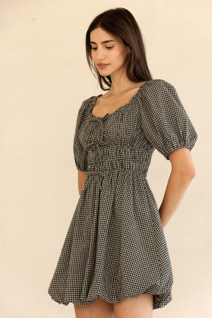 Gingham Puff Sleeve Dress w/ Bubble Hem