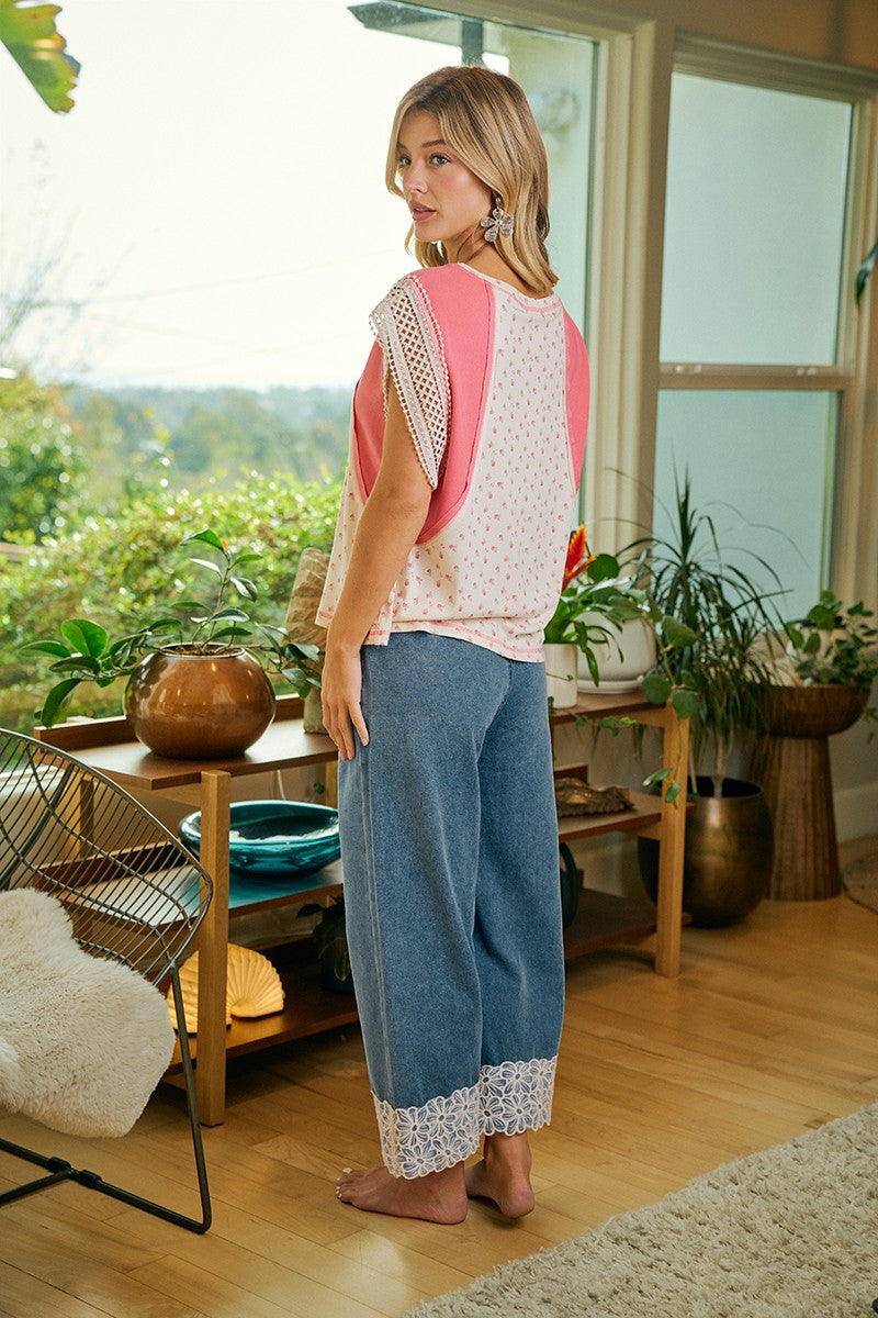 Flower Lace Trim Elastic Waist Denim Pants