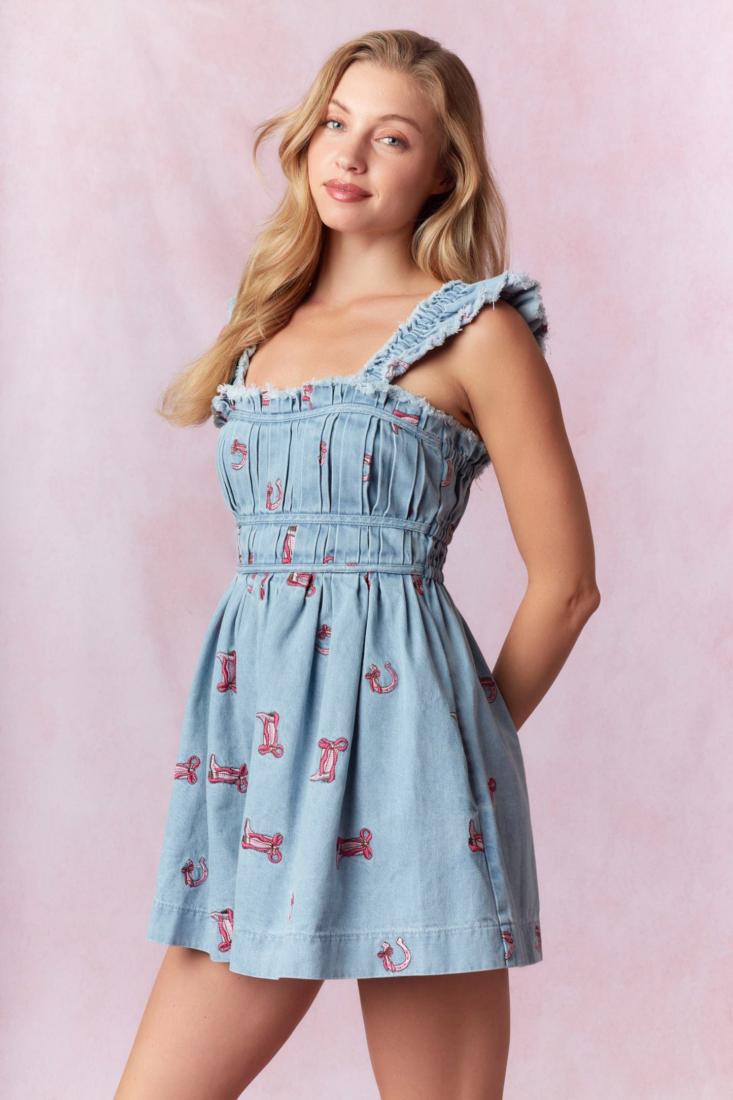 Western Theme Embroidery Washed Denim Romper