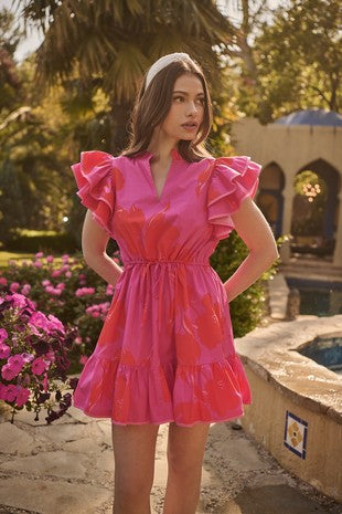 Hot Pink Puff Sleeve Button Front Dress