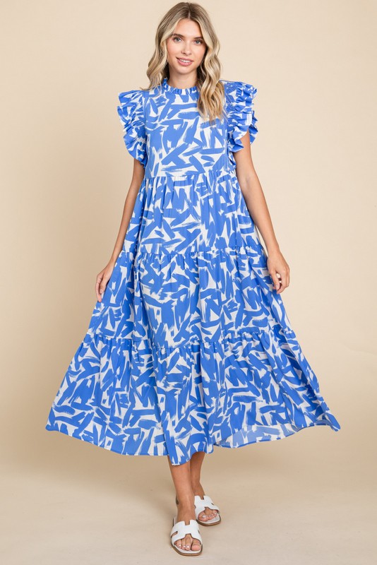 Abstract Print Frill Sleeve Midi Dress (Plus Size)