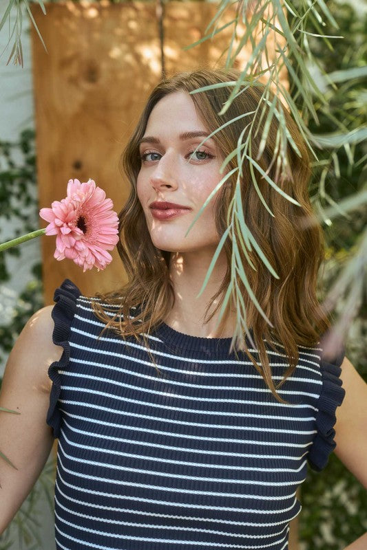 Ruffle Trim Stripe Knit Top (Navy)