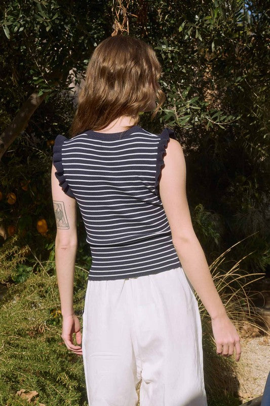 Ruffle Trim Stripe Knit Top (Navy)