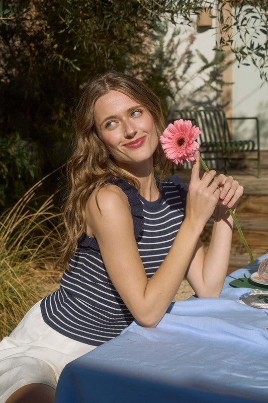 Ruffle Trim Stripe Knit Top (Navy)