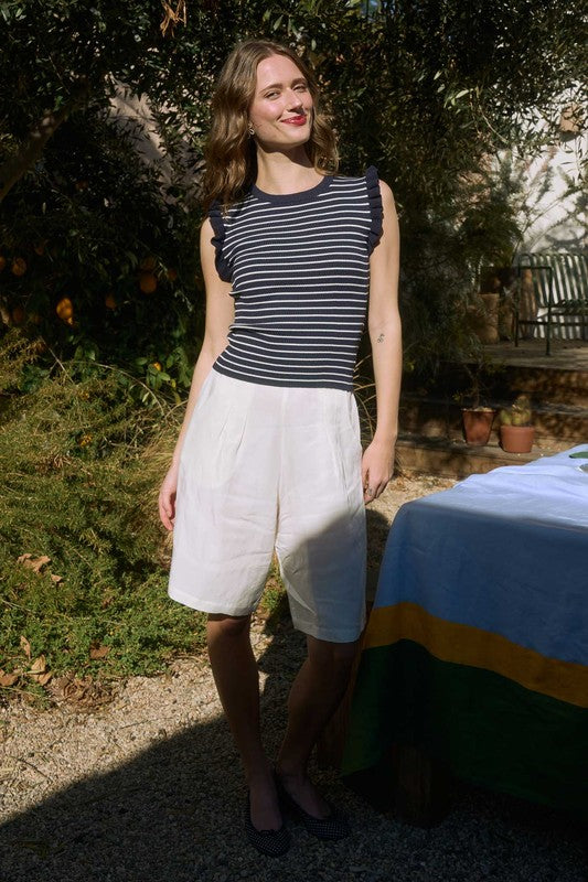 Ruffle Trim Stripe Knit Top (Navy)