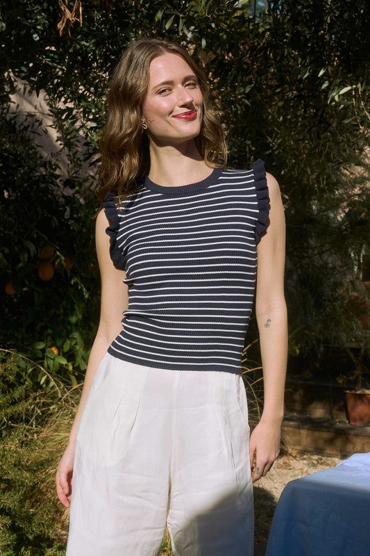 Ruffle Trim Stripe Knit Top (Navy)