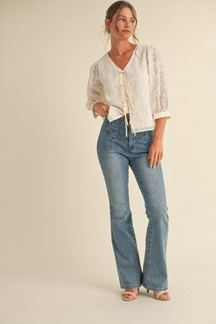 3/4 Sleeve Embroidered Overlay Top