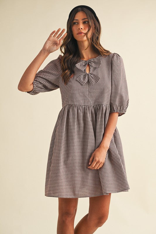 Fall Gingham Bow Detail Puff Sleeve Dress