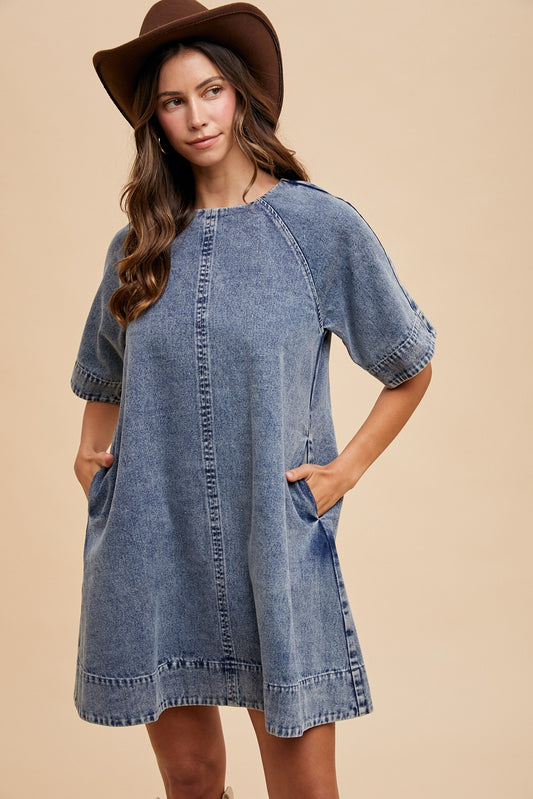 Tie Back Detail Swing Hem Denim Dress