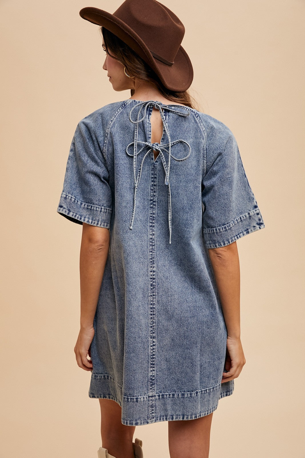 Tie Back Detail Swing Hem Denim Dress