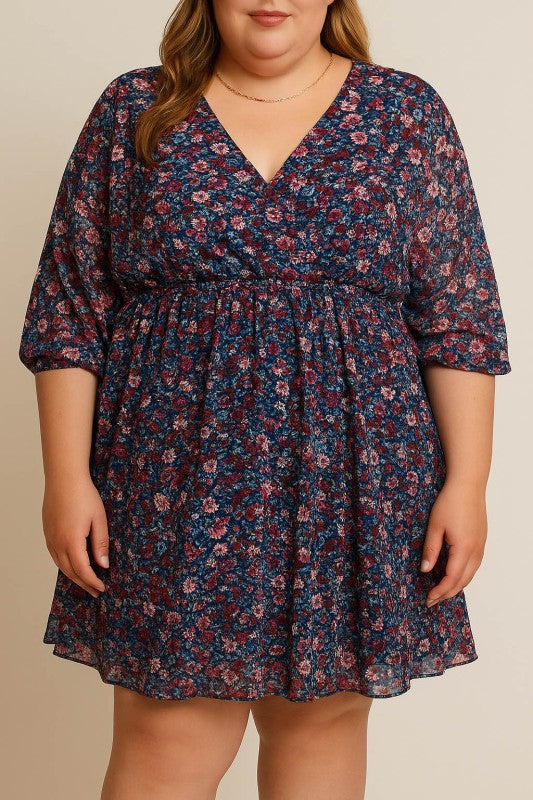 3/4 Sleeve Mesh Floral Print Dress (Plus Size)