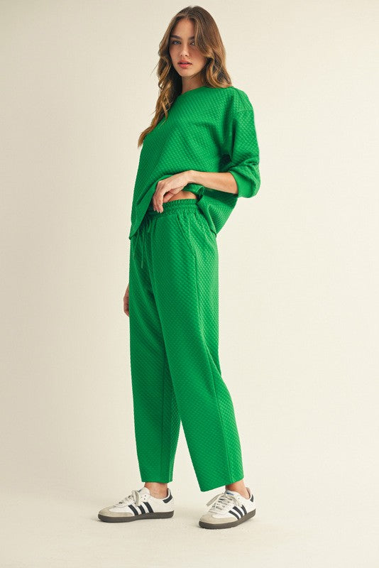 Textured Loungewear - Elastic Waist Pants (Hunter Green)