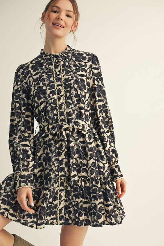 Lace Trim Button Down Floral Print Dress