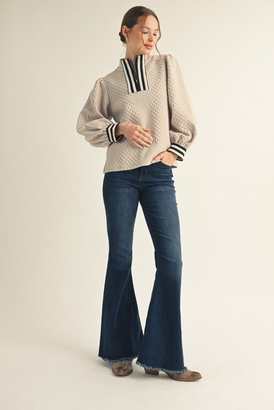 Front Zip Textured Long Sleeve Top