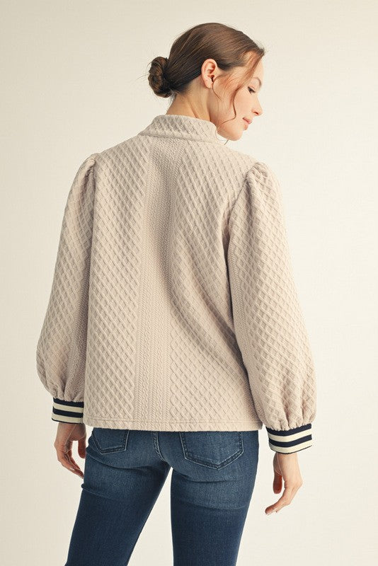 Front Zip Textured Long Sleeve Top