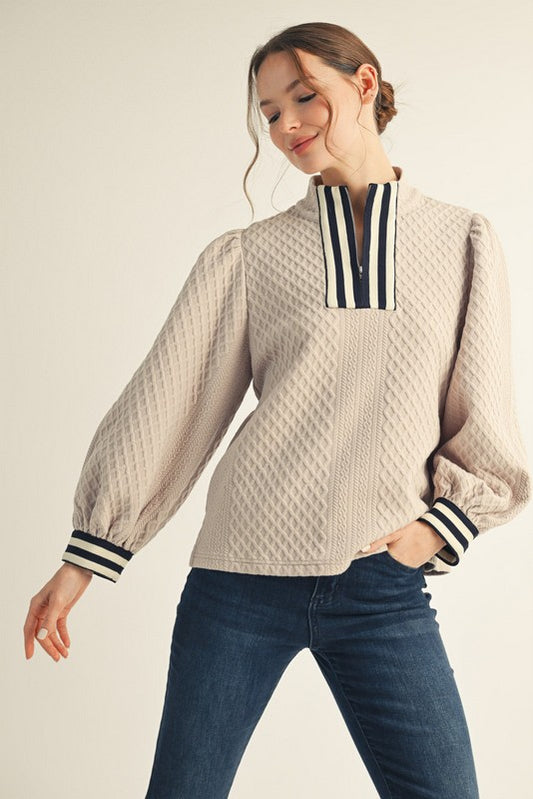 Front Zip Textured Long Sleeve Top