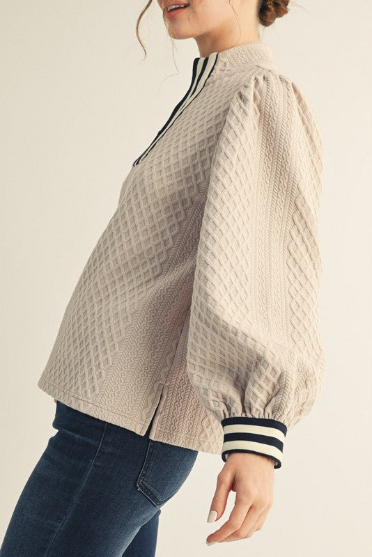 Front Zip Textured Long Sleeve Top