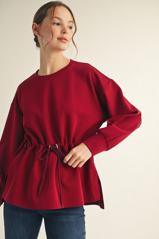 Long Sleeve Drawstring Waist Top (Burgundy)