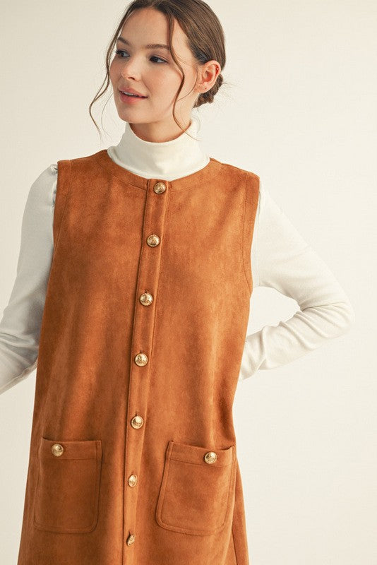 Button Front Suede Shift Dress