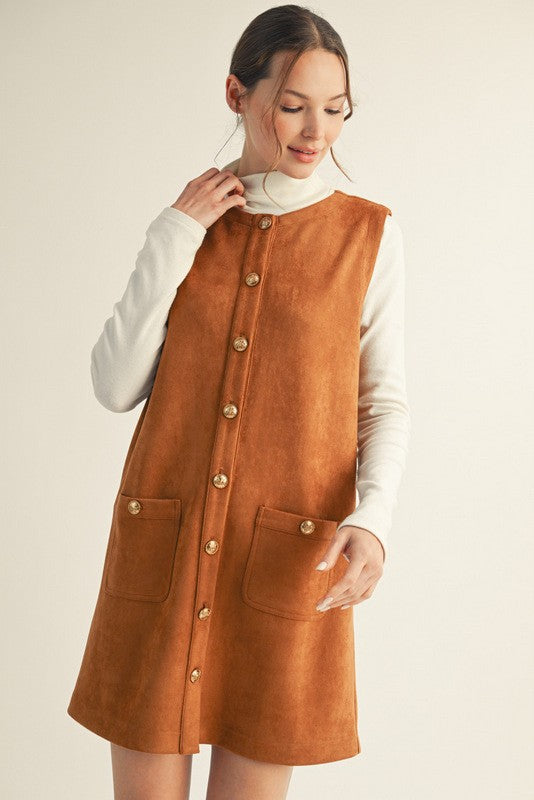 Button Front Suede Shift Dress