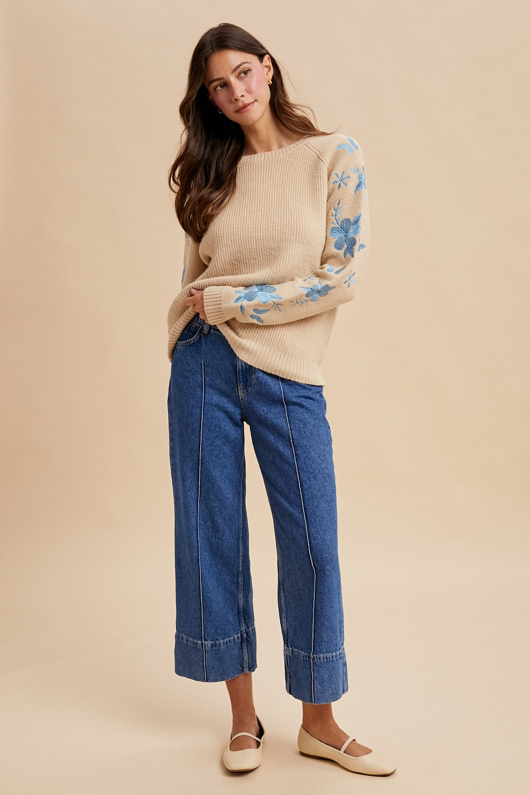 Floral Embroidered Sleeve Pullover Sweater